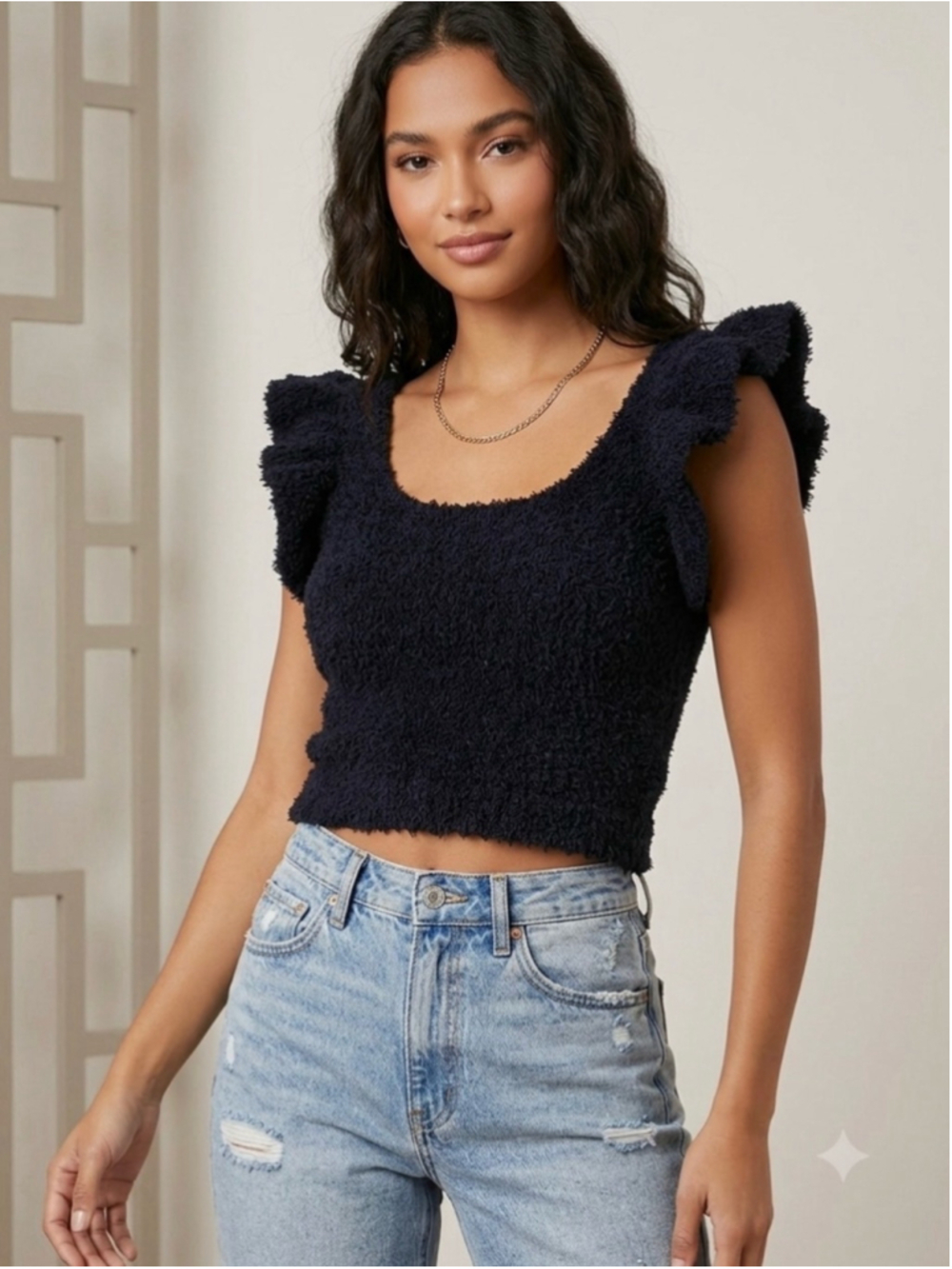 POL Cozy Flutter Sleeve Cropped Top, Size M Black